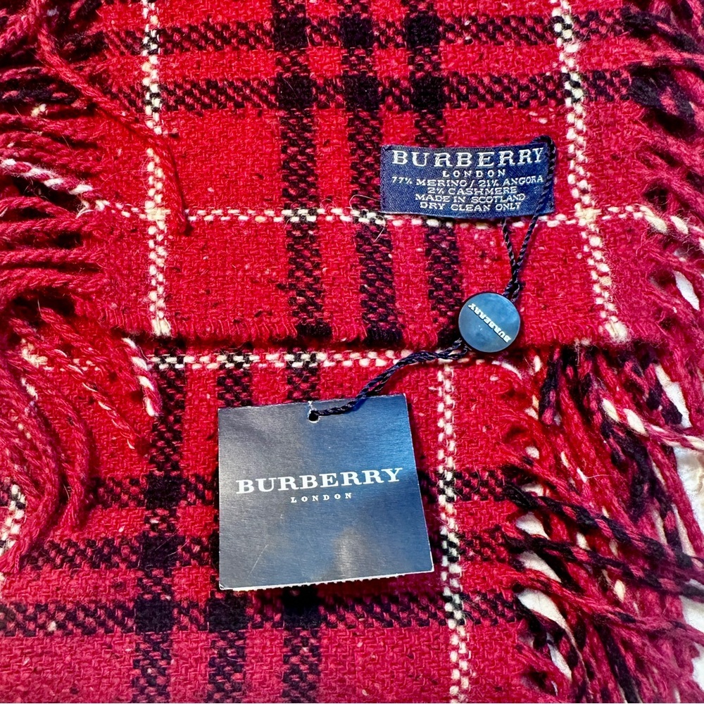 NEW tag Burberry Red Black Plaid Check Happy Fringe Scarf Merino Angora Cashmere - Picture 6 of 11